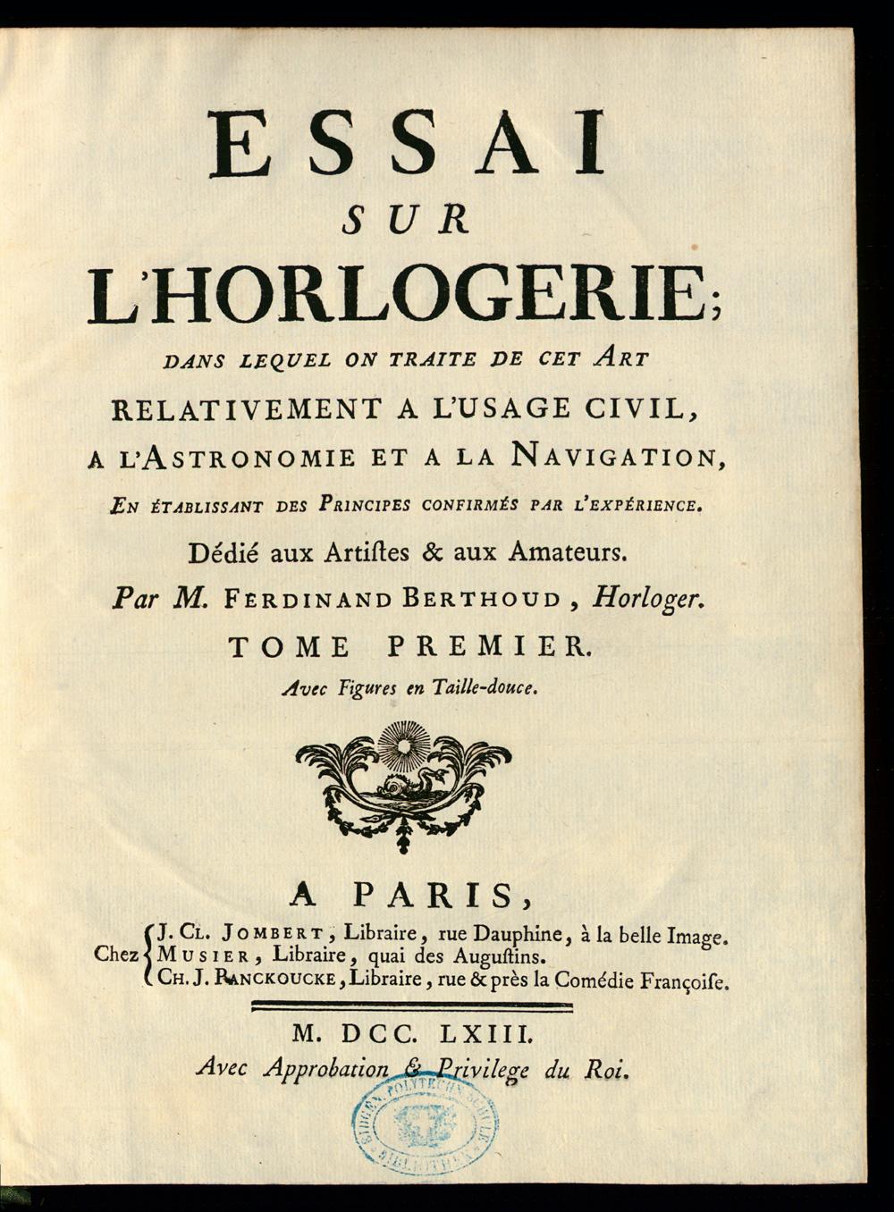 Essai sur l’horlogerie 1763年版、第1巻の扉頁