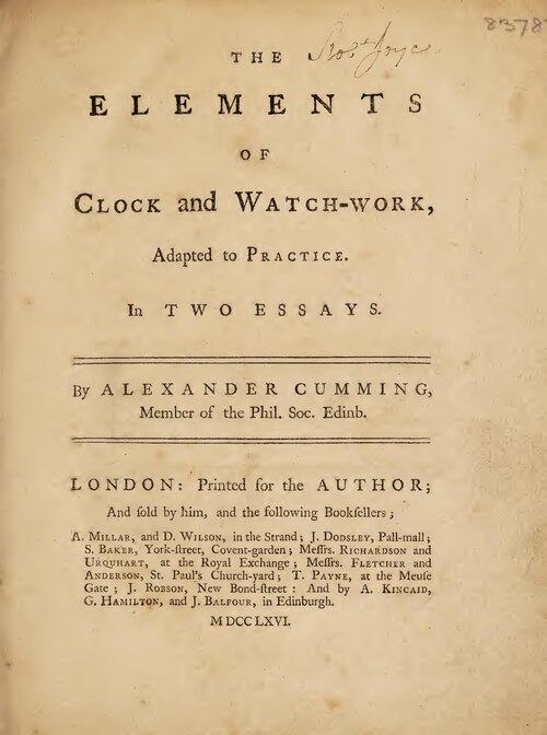 1766年刊行本の扉ページ。書名、著者Alexander Cumming、ロンドン刊、刊年のローマ数字が記される