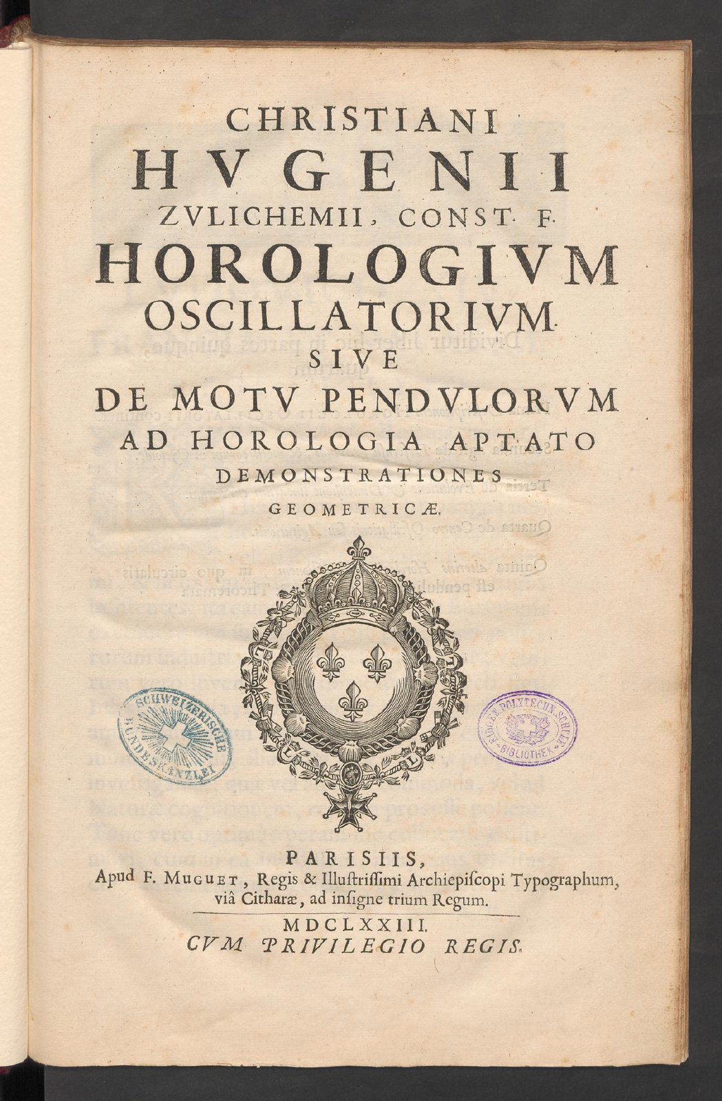 ホイヘンスのHorologium oscillatorium、パリ1673年版の扉頁。書名とF. Muguetの刊記